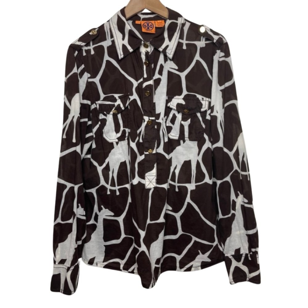 TORY BURCH | Button Front Giraffe Print Cotton Safari Blouse | Size 14